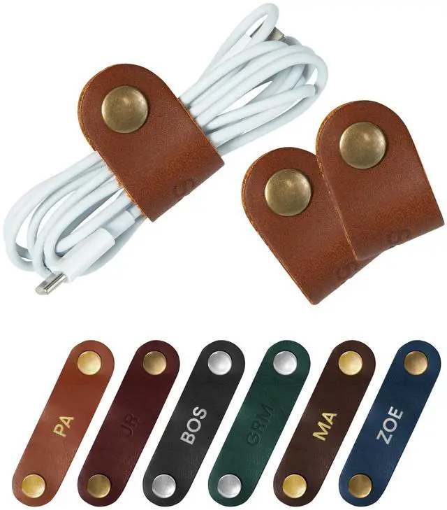 Main image of Personalized Full Grain Leather Cord Organizer Set of 3 | Custom Cable Managing Strap, Monogrammed Cable Holder and Organizer for Cords, Chargers & Earbuds