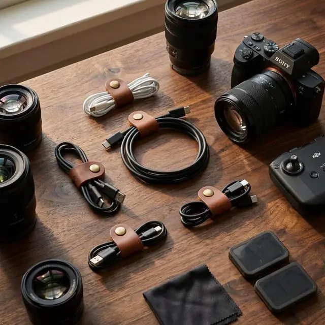 Alt view image 5 of 7 - Personalized Full Grain Leather Cord Organizer Set of 3 | Custom Cable Managing Strap, Monogrammed Cable Holder and Organizer for Cords, Chargers & Earbuds