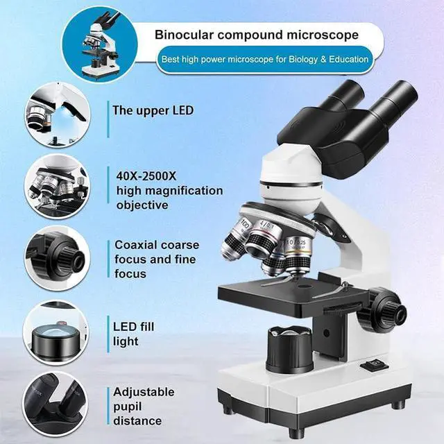 Alt view image 3 of 7 - Binocular Compound Microscope for Adults & Students, 40X-5000X Magnification with Dual Upper and Lower LED Lights, Ideal for Laboratory, Classroom, and Home Teaching