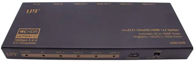 Main image of ViewHD 1 in 4 Out HDMI 2.0 18Gbps 1x4 Splitter with Automatic 4K to 1080P Downscaler / 4K@60Hz / HDR and Dloby Vision/HDCP 2.2 to HDCP 1.4 Converter/Model: UHD1X4S
