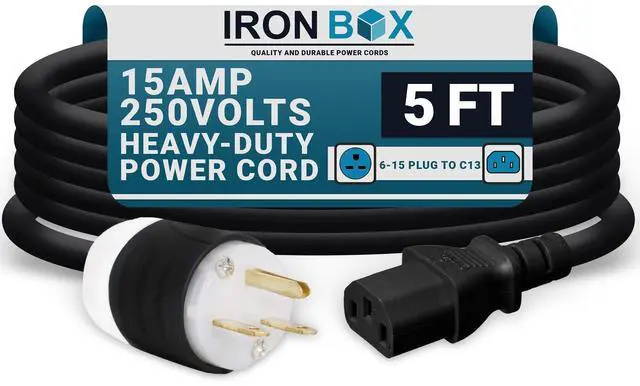 Main image of IronBox Electric NEMA 6-15 Plug to C13 Connector Power Cords - 15A/250V - 14/3 AWG - Power Supply Replacement Cable - UL Listed Heavy Duty Cord for Monitor, Computer, TV & More (5 ft, Build)