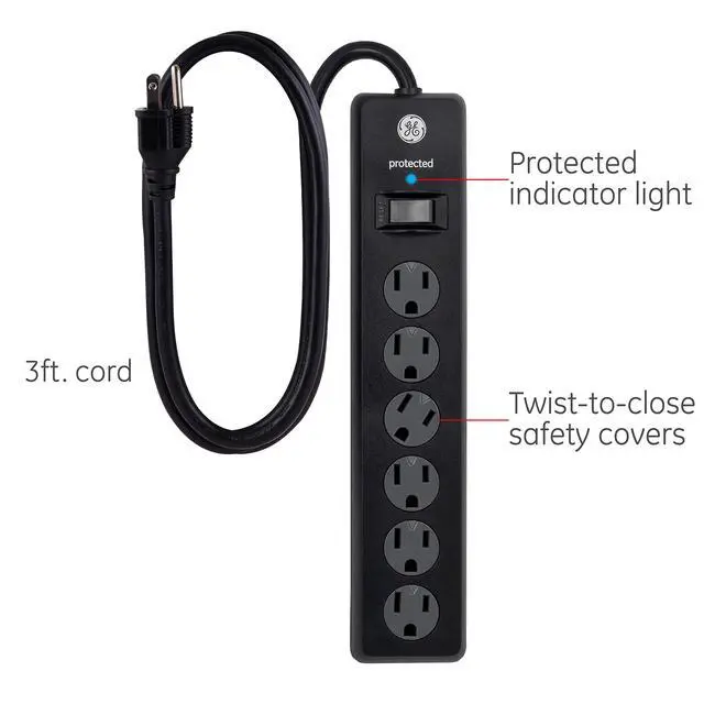 Alt view image 2 of 6 - 6-Outlet Sur Protector, 3 Ft Extension Cord, Power Strip, 800 Joules, Heavy Duty Plug, Twist-to-Close Safety Covers, Protected Indicator Light, UL Listed, Black, 47224