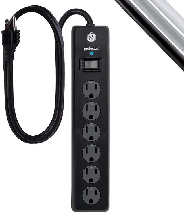 Main image of 6-Outlet Sur Protector, 3 Ft Extension Cord, Power Strip, 800 Joules, Heavy Duty Plug, Twist-to-Close Safety Covers, Protected Indicator Light, UL Listed, Black, 47224