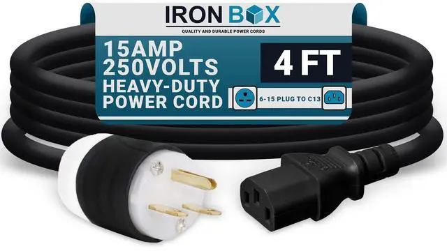 Main image of IronBox Electric NEMA 6-15 Plug to C13 Connector Power Cords - 15A/250V - 14/3 AWG - Power Supply Replacement Cable - UL Listed Heavy Duty Cord for Monitor, Computer, TV & More (4 ft, Build)