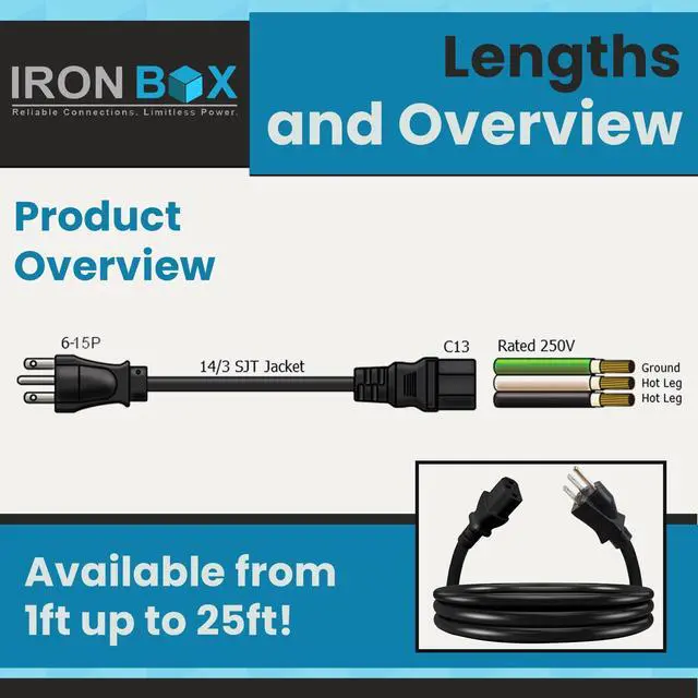 Alt view image 4 of 6 - IronBox Electric NEMA 6-15 Plug to C13 Connector Power Cords - 15A/250V - 14/3 AWG - Power Supply Replacement Cable - UL Listed Heavy Duty Cord for Monitor, Computer, TV & More (4 ft, Build)