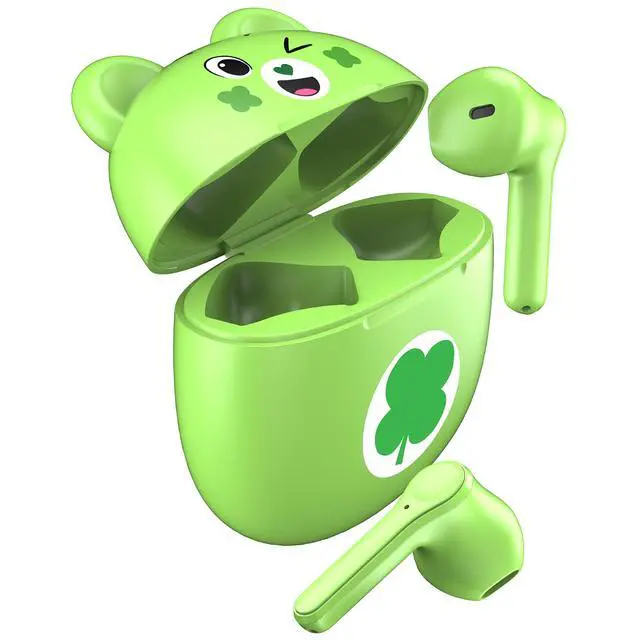 Alt view image 2 of 4 - Bluetooth Wireless Earbuds with Charging Case - Built-in Mic, Easy Pairing, Cute Good Luck Bear Design, Green, Perfect for Kids, Teens Fans
