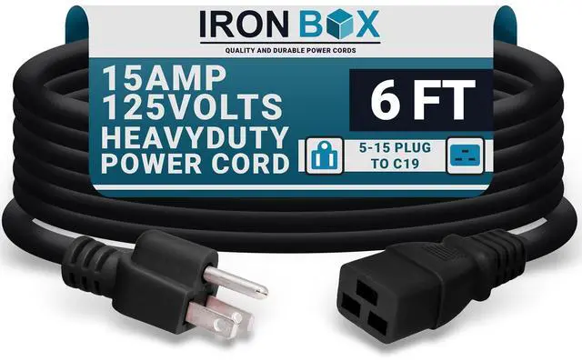 Main image of IronBox Electric - Heavy Duty 5-15P to C19 Power Cord - 15A, 125V, 14/3 SJT Jacket - Computer Power Supply Extension Cords - PSU Wire Connectors - Versatile for Home and Office Use(Black, 6 Foot)