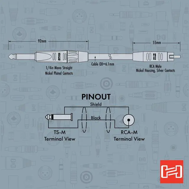 Alt view image 5 of 6 - HPR-003 Pro Unbalanced Interconnect, REAN 1/4" TS to RCA, 3 Feet