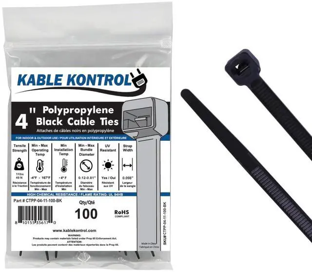 Main image of Polypropylene Cable Ties 4 Inch 100 Pcs, 11 Lbs Test, Black | PP Zip Ties Chemical, UV, Temperature & Moisture Resistant Food Safe Ties for Marine, Automotive Use