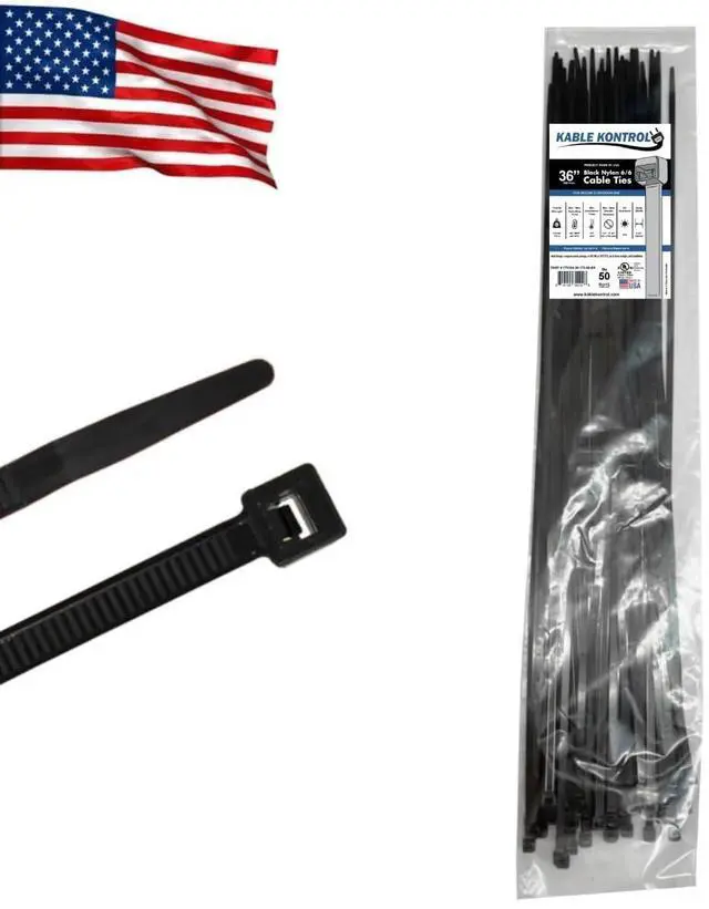 Main image of Made in USA Cable Ties, 36 Inch 50 Pcs, 175 Lbs Test Black | Self-locking Zip Ties UV Resistant Plastic Nylon Wire Ties, for Indoor or Outdoor Use