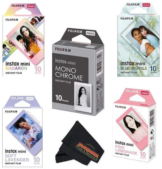 Main image of Instax Mini Film Variety Pack 5 Unique Styles for Instax Cameras + Bonus Sunshine Photo Microfiber Cleaning Cloth (Variety Colors - 10 Sheets Each)