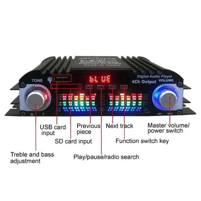 Alt view image 4 of 7 - BT-998 HiFi Audio Power Amplifier 4 Channel Low Distortion Support FM Stereo Radio DC 12V Digital Music Amp for Home Car