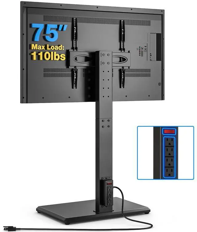 Main image of Floor TV Stand with Power Outlet for 32-75 Inch TVs | Height Adjustment, 60°Swivel, Wooden Base, Safety Lock, Holds 110 lbs, Max VESA 400x400mm, Ideal for Bedroom & Living Room