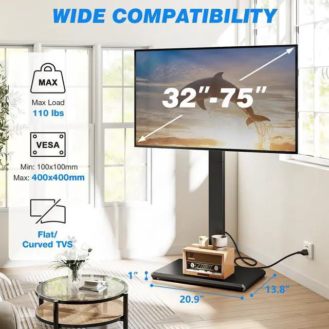 Alt view image 2 of 7 - Floor TV Stand with Power Outlet for 32-75 Inch TVs | Height Adjustment, 60°Swivel, Wooden Base, Safety Lock, Holds 110 lbs, Max VESA 400x400mm, Ideal for Bedroom & Living Room
