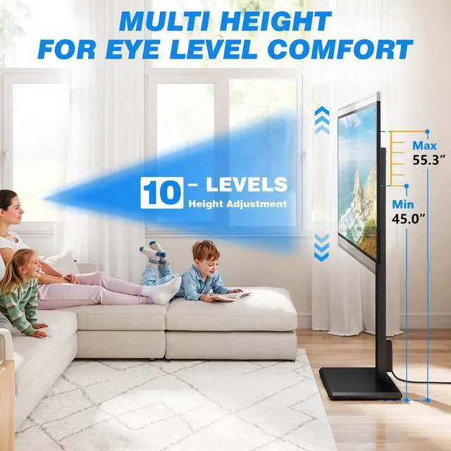 Alt view image 3 of 7 - Floor TV Stand with Power Outlet for 32-75 Inch TVs | Height Adjustment, 60°Swivel, Wooden Base, Safety Lock, Holds 110 lbs, Max VESA 400x400mm, Ideal for Bedroom & Living Room