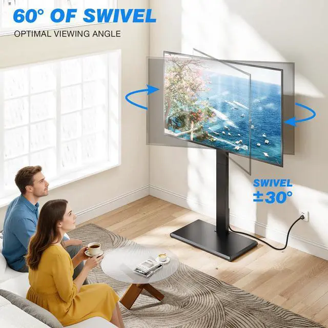 Alt view image 4 of 7 - Floor TV Stand with Power Outlet for 32-75 Inch TVs | Height Adjustment, 60°Swivel, Wooden Base, Safety Lock, Holds 110 lbs, Max VESA 400x400mm, Ideal for Bedroom & Living Room