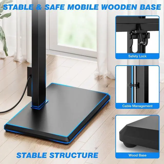 Alt view image 5 of 7 - Floor TV Stand with Power Outlet for 32-75 Inch TVs | Height Adjustment, 60°Swivel, Wooden Base, Safety Lock, Holds 110 lbs, Max VESA 400x400mm, Ideal for Bedroom & Living Room