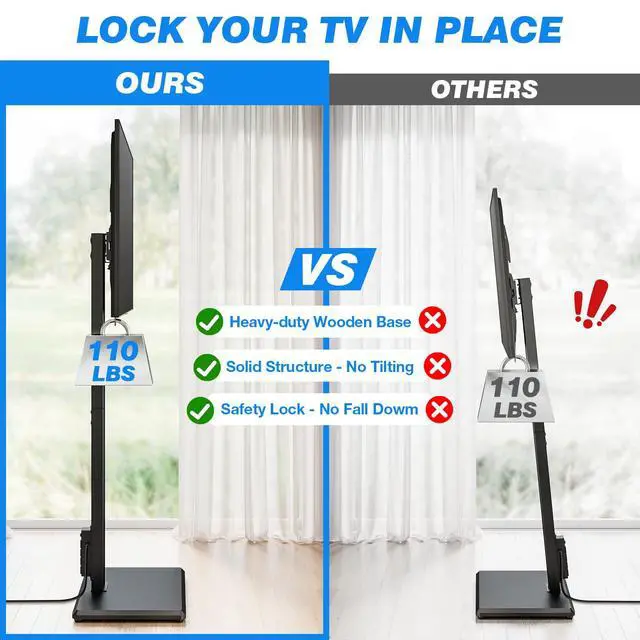 Alt view image 7 of 7 - Floor TV Stand with Power Outlet for 32-75 Inch TVs | Height Adjustment, 60°Swivel, Wooden Base, Safety Lock, Holds 110 lbs, Max VESA 400x400mm, Ideal for Bedroom & Living Room