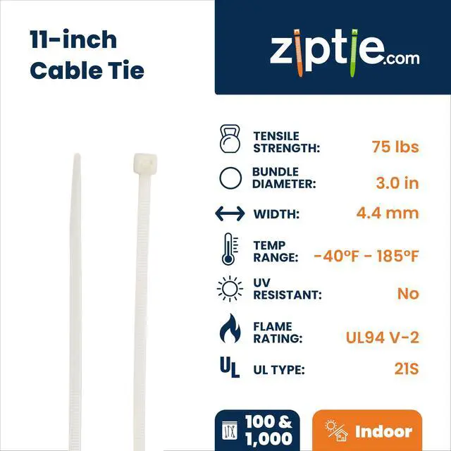 Alt view image 2 of 7 - 11-Inch Natural Nylon Multi-Purpose Zip Ties - 75-lb Tensile Strength Cord Management - UL 21S Listed Tie Wraps - Indoor Multi-Purpose (100-Pack)