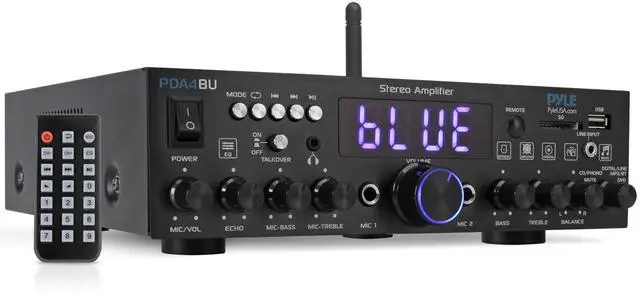 Main image of 200W Wireless Bluetooth Home Stereo Amplifier - Multi-Channel Audio Receiver with Optical - Phono - Coaxial - FM - USB/SD - AUX - RCA - 2 Mic Inputs - Talk-Over - Antenna - Remote - PDA4BU