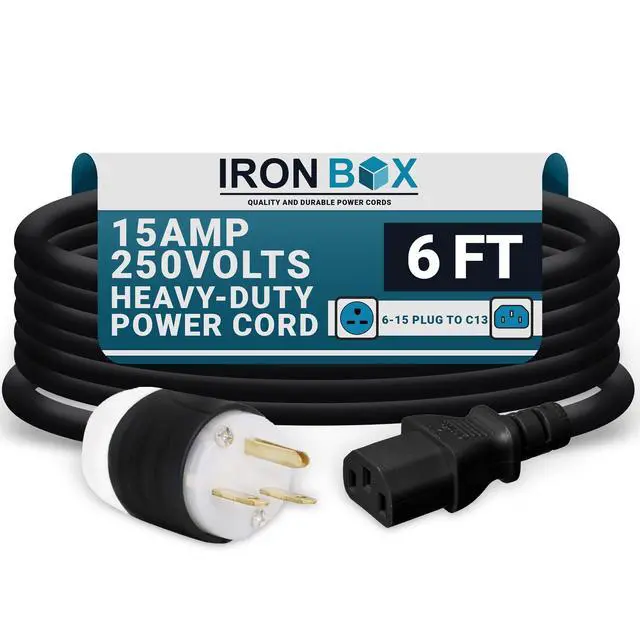 Main image of IronBox Electric NEMA 6-15 Plug to C13 Connector Power Cords - 15A/250V - 14/3 AWG - Power Supply Replacement Cable - UL Listed Heavy Duty Cord for Monitor, Computer, TV & More (6 ft, Build)