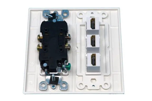 Alt view image 2 of 2 - 15 Amp Power Outlet 3 Port HDMI Decorative Wall Plate - White
