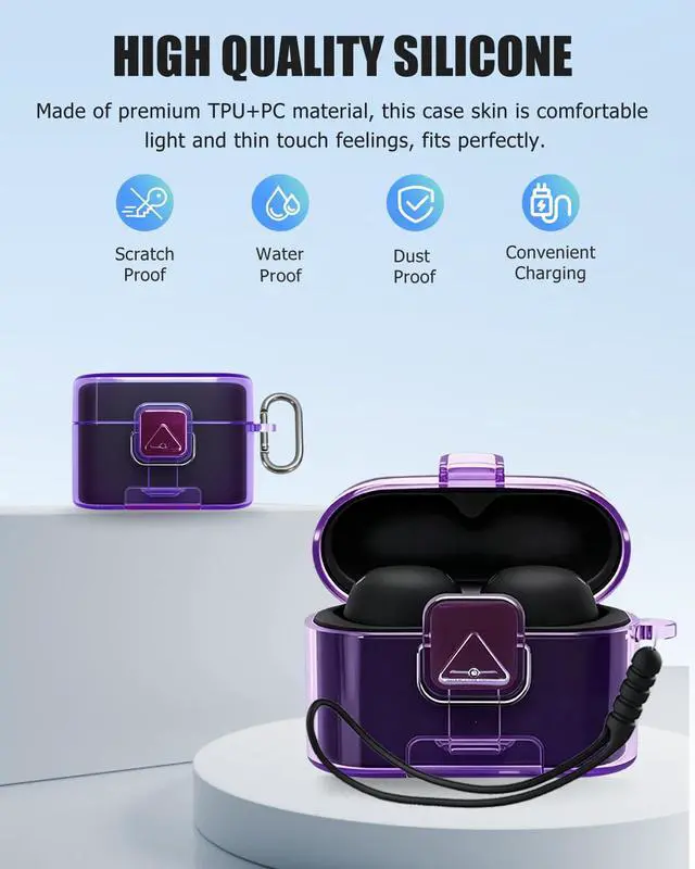 Alt view image 2 of 6 - for Sony WF-1000XM6 Clear Case Cover, Ultra Soft TPU Protective Cover with Keychain & Lanyard and Cleaner Kit,All-Round Protection,Reduced Yellowing, Clear Purple
