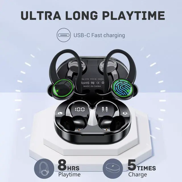 Alt view image 3 of 6 - for Google Pixel 7 Wireless Earbuds Bluetooth Headphones 48hrs Play Back Sport Earphones with LED Display Over-Ear Buds with Earhooks Built-in Mic - Black