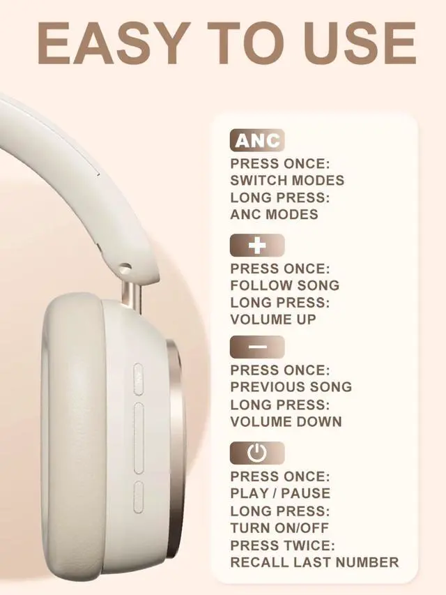 Alt view image 6 of 7 - Hi-Fi Stereo Wireless Headphone Active Noise Cancellation Bluetooth 5.3 Headset with Detachable Microphone Ultra Comfortable and Full Ear Coverage Lightweight Foldable Earphone