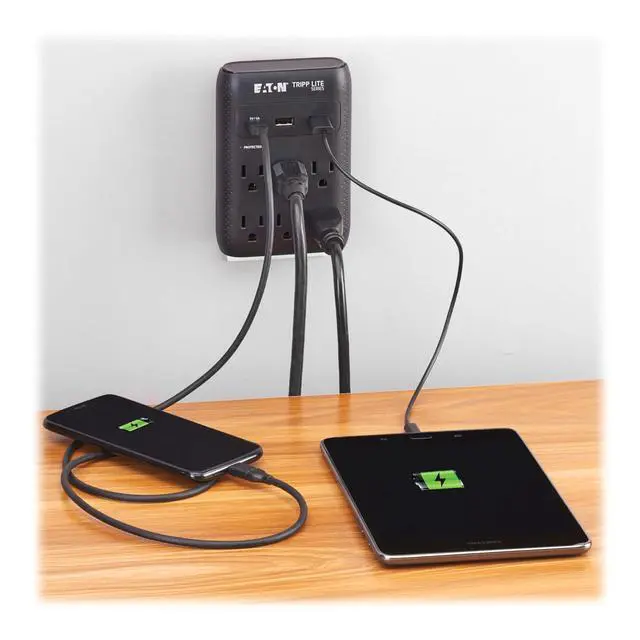Alt view image 2 of 7 - Eaton SK60CB Wall Surge Protector Power Strip & USB Wall Charger, 6-Outlet Extender, 1 USB-C + 2 USB Ports, 1080 Joules, Multi-Plug Outlet Splitter, Black, Manufacturer's