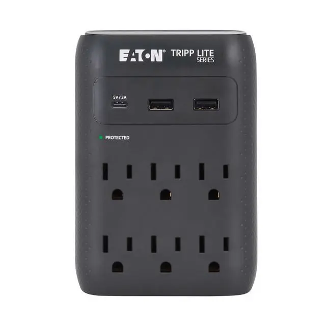 Alt view image 4 of 7 - Eaton SK60CB Wall Surge Protector Power Strip & USB Wall Charger, 6-Outlet Extender, 1 USB-C + 2 USB Ports, 1080 Joules, Multi-Plug Outlet Splitter, Black, Manufacturer's