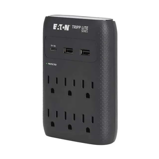 Alt view image 6 of 7 - Eaton SK60CB Wall Surge Protector Power Strip & USB Wall Charger, 6-Outlet Extender, 1 USB-C + 2 USB Ports, 1080 Joules, Multi-Plug Outlet Splitter, Black, Manufacturer's