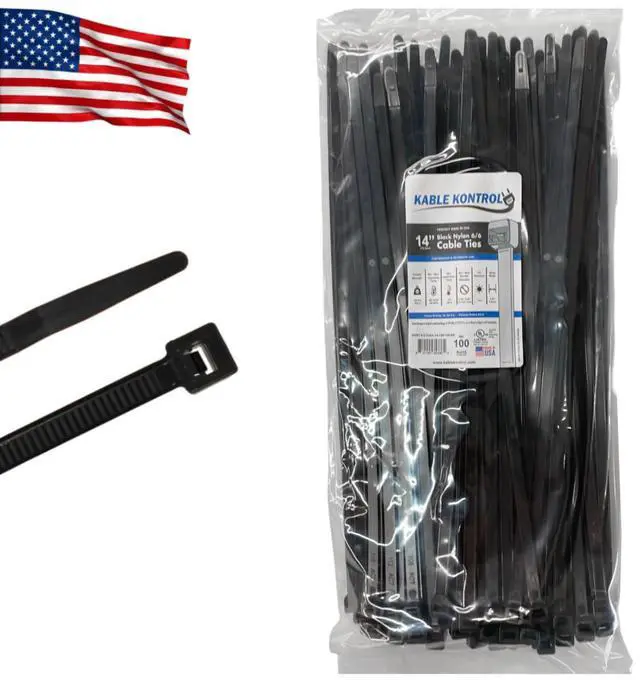 Main image of Made in USA Cable Ties, 14 Inch 100 Pcs 120 Lbs Test Black | Self-locking Zip Ties UV Resistant Plastic Nylon Wire Ties, for Indoor or Outdoor Use
