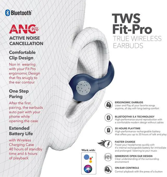Alt view image 5 of 5 - Wave-78 True Wireless Earbuds, 20-Hr Battery Life, Hi-Res Audio, Deep Bass, Transparency Mode, Sweatproof, Bluetooth 5.0, Built-in Microphone, Ear Buds for Travel, Workouts & Calls, Navy