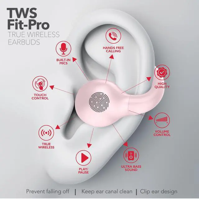Alt view image 4 of 5 - Wave-66 Wireless Earbuds, Bluetooth 5.3 Headphones, 30H Playtime with Charging Case, Hi-Res Stereo Audio, Deep Bass, IPX7 Waterproof, Transparency Mode, Lightweight Ear Buds with Mic Pink