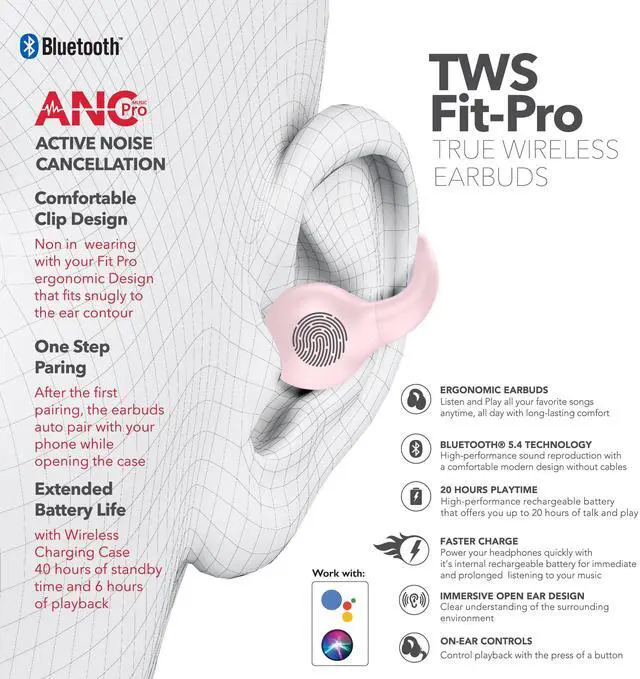 Alt view image 5 of 5 - Wave-66 Wireless Earbuds, Bluetooth 5.3 Headphones, 30H Playtime with Charging Case, Hi-Res Stereo Audio, Deep Bass, IPX7 Waterproof, Transparency Mode, Lightweight Ear Buds with Mic Pink
