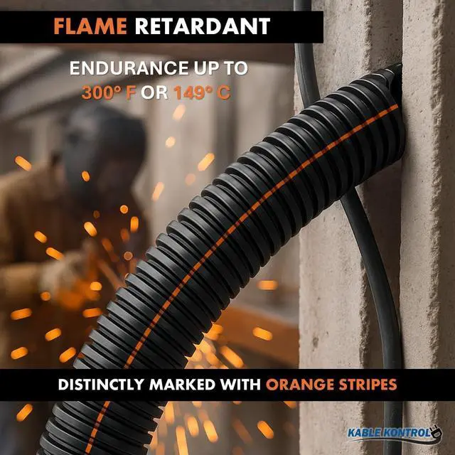 Alt view image 7 of 7 - UV Resistant Flame Retardant Nylon Split Wire Loom Tubing 3/8 Inch 100 Ft Long Black with Orange Stripes Sunlight Protected Cable Protection Flexible Conduit for Automotive Use