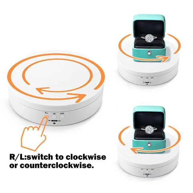Alt view image 3 of 7 - Motorized Electric Turntable, 360 Rotating Display Stand, 5.4in White | Speed and Angle Adjustable, Max 6lbs Load, Battery or USB Powered, Ideal for Photography, Video Shoot, Props, Jewelry