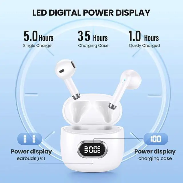 Alt view image 2 of 6 - Wireless Earbuds for Amazon Fire HD 8 (2022) Bluetooth 5.3 Headphones with LED Display Charging Case, Waterproof IPX7 Hands-Free Headset with Mic, Hi-Fi Stereo Sound, Touch Control - White