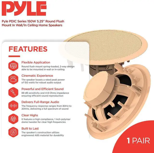 Alt view image 2 of 7 - 2 Pair Speakers, 150W 5.25" Round Flush Mount in Wall/in Ceiling Home Speakers, PDIC Series, Tan