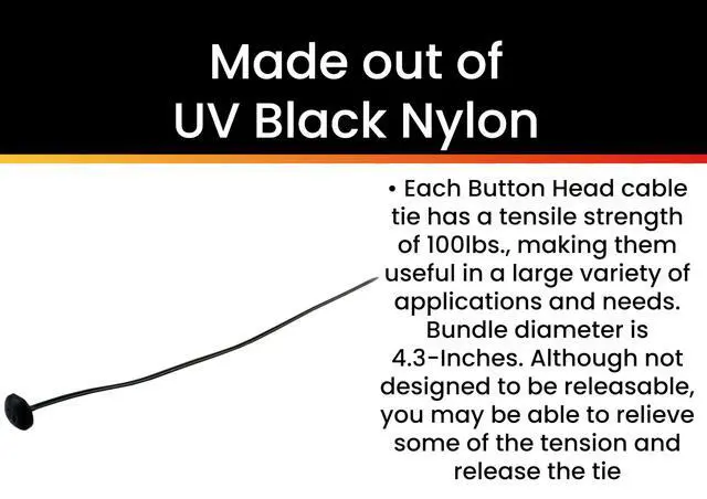 Alt view image 3 of 6 - Pro Tie Button Head Nylon Cable Ties for Indoor and Outdoor Use |15-Inch, 100lbs. Tensile Strength, High Impact Black Nylon, 25-Pack (PN: B15BH25)