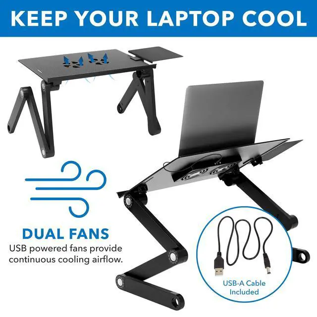 Alt view image 2 of 7 - Adjustable Laptop Stand & Lap Desk with USB Cooling Fans, Large Aluminum Laptop Tray with Mouse Pad, Portable Sit-Stand Laptop Desk for Bed, Couch & Table