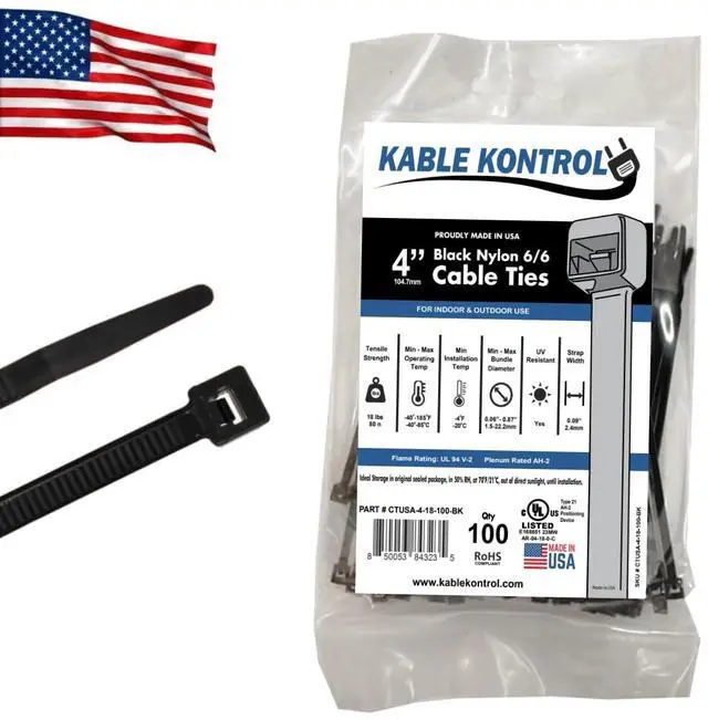 Main image of Made in USA Cable Ties, 4 Inch 100 Pcs, 18 Lbs Test Black | Self-locking Zip Ties UV Resistant Plastic Nylon Wire Ties, for Indoor or Outdoor Use