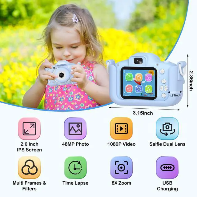 Alt view image 2 of 7 - KC3 Kids Camera, 1080P Video Selfie Toddler Educational Digital Photo Cameras with Puzzle Games, Children Portable Toy for Boys Girls-Dolphin Blue