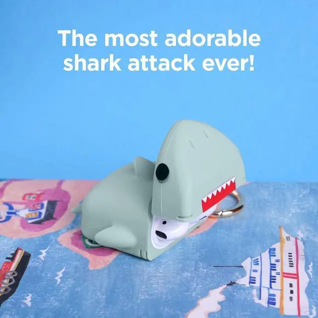 Alt view image 3 of 7 - Shark Case Cover for AirPods 1 & 2 | Cute 3D Design Cover with Keychain (Baby Mint)