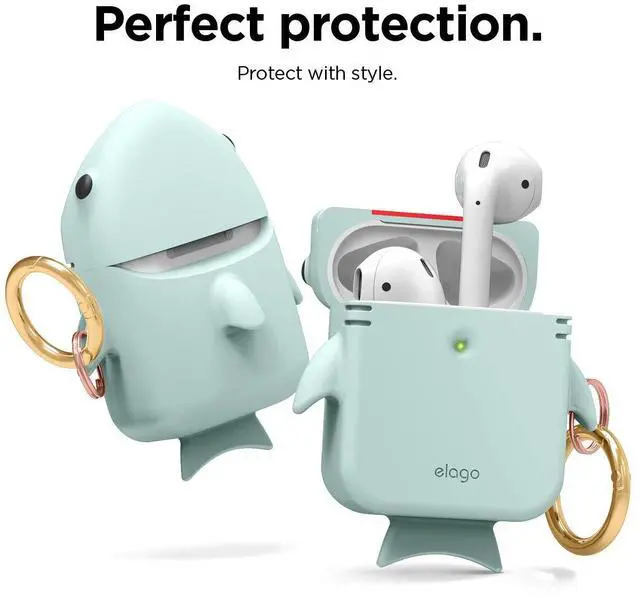 Alt view image 4 of 7 - Shark Case Cover for AirPods 1 & 2 | Cute 3D Design Cover with Keychain (Baby Mint)