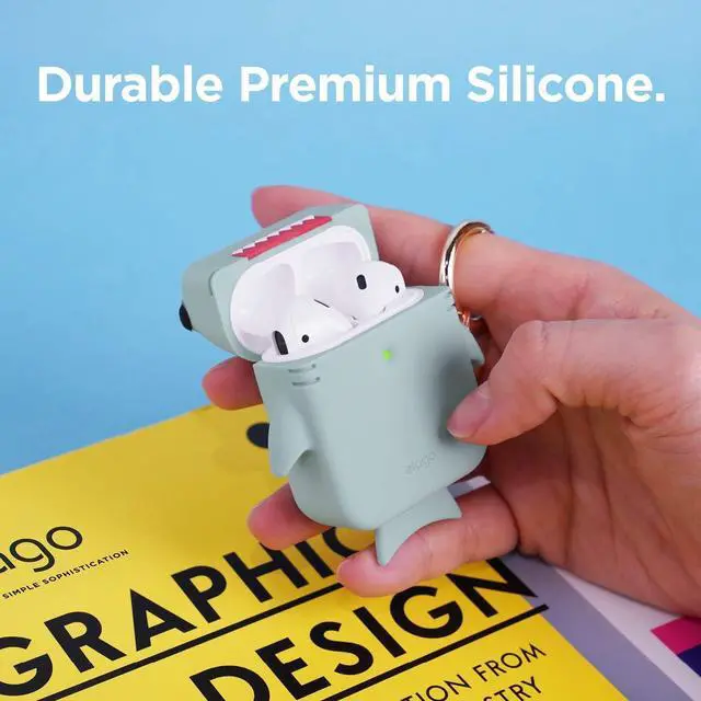Alt view image 5 of 7 - Shark Case Cover for AirPods 1 & 2 | Cute 3D Design Cover with Keychain (Baby Mint)