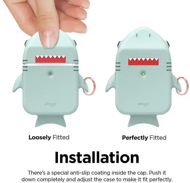 Alt view image 7 of 7 - Shark Case Cover for AirPods 1 & 2 | Cute 3D Design Cover with Keychain (Baby Mint)