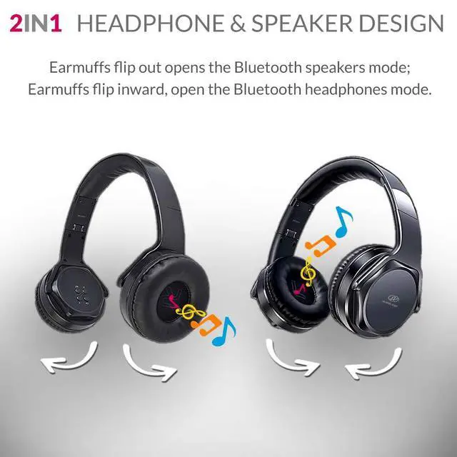Alt view image 3 of 7 - 2-in-1 Bluetooth Over-Ear Headphones Twist-Out Speaker, Wireless Stereo Bass Headset, NFC, FM Radio, AUX & TF Card Slot, Foldable Cordless Sports Headphones with Retractable Headband Black