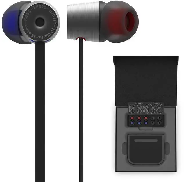 Main image of KEB90 Utility Premium Audiophile Earbuds, Detachable 3.5mm Cord | Noise Isolating Foam Cushions, Silicone Cushions, Aluminum Design, Includes Carry Pouch and 3.5mm Utility Cord, Stealth Grey